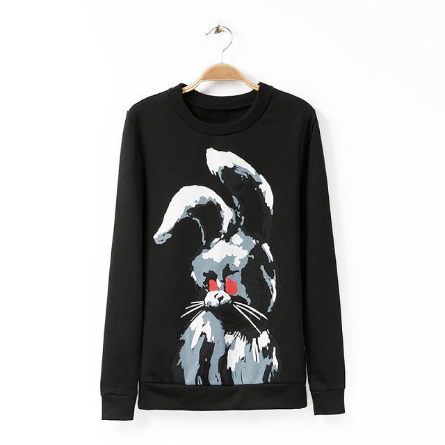 Women sweatshirts Fashion elegant black rabbit print sport pullover Casual long Sleeve O-neck hoodies brand Tops