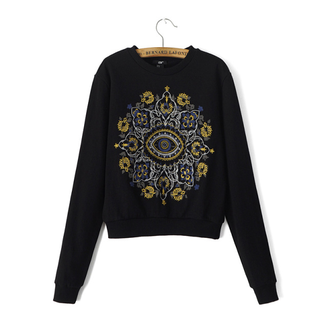 Women Sweatshirts Fashion Gold Silver Line Embroidery black Pullover knitwear long sleeve Casual brand Female vogue