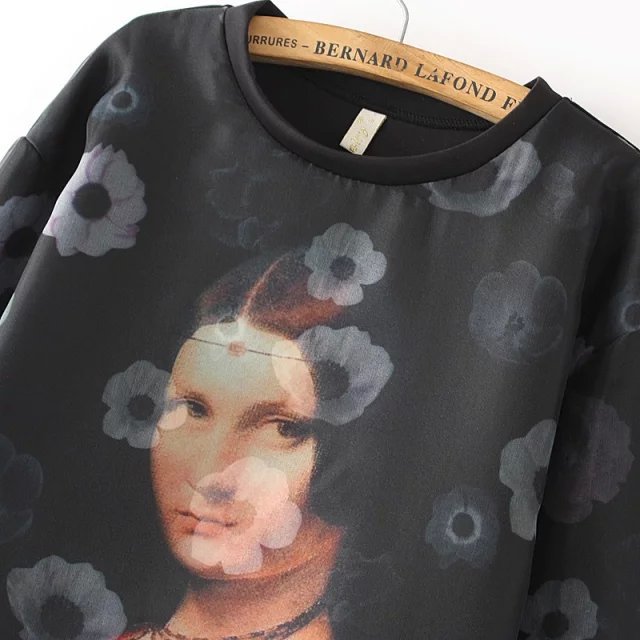 Women sweatshirts Fashion Organza Patchwork Character Floral print sport O Neck black pullovers female Casual brand Tops