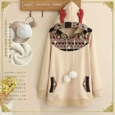 Women sweatshirts Fashion winter thick warm Antlers drawstring hooded pullovers knitted patchwork Casual pocket hoodies