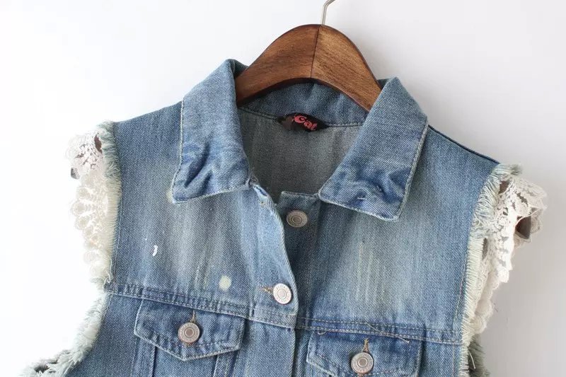 Women vest Jacket Fashion Denim Turn-down collar pockets Lace Patchwork Sleeve ripped outwear casual street wear brand