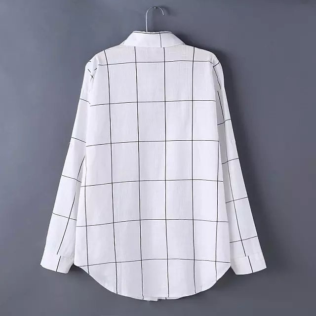 Women White Blouse Fashion Office style Black Plaid Pattern Pocket Turn down collar long Sleeve shirts Casual brand Tops