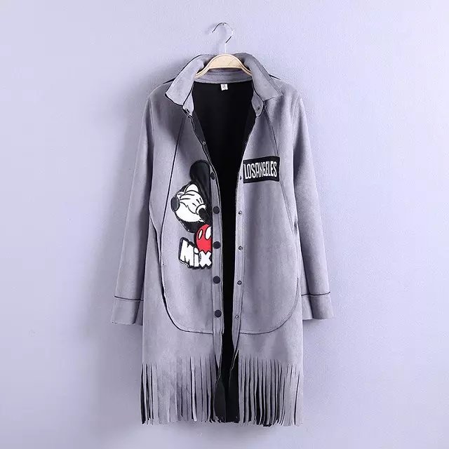 Women Winter Fashion brown Faux Suede Leather Cartoon Letter Embroidery patchwork tassel button pocket female trench coat