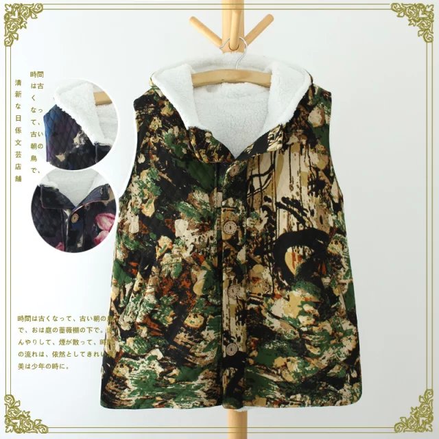 Women Winter Fashion thick warm floral print Hooded Cotton button pocket short Vest Casual sleeveless streetwear brand coat
