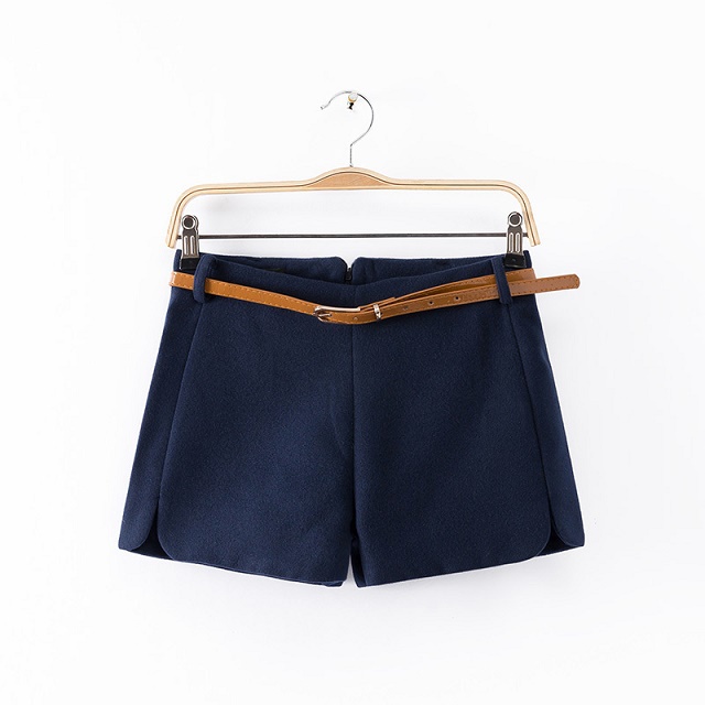 Wool shorts for women Fashion Autumn Office Lady with belt High waist Red blue green Plus Size Casual shorts