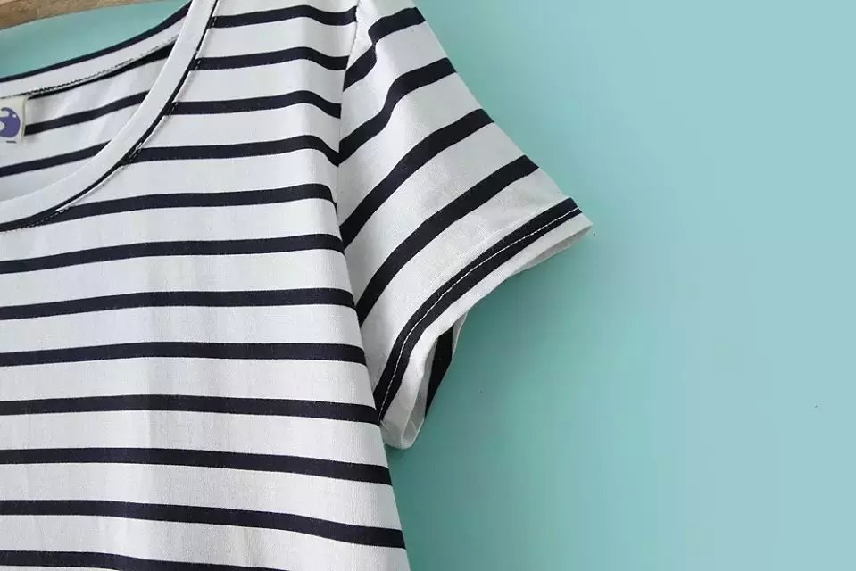 American Fashion elegant striped print O-neck cotton T-shirt for women short Sleeve casual brand tops