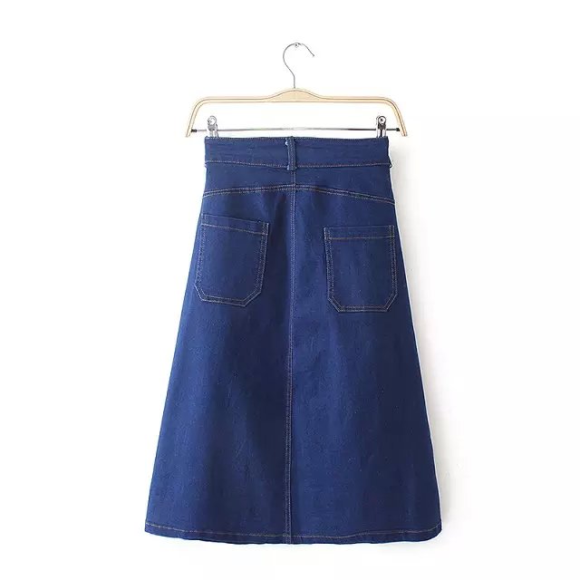Autumn Fashion women vintage Button Pocket Blue Denim A-Line Knee Length Skirts casual quality skirt