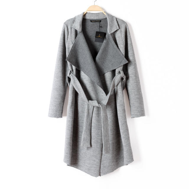 Cardigan lady for female Autumn Fashion gray With belt turn-down collar long Sweater Knitted long Sleeve Casual women vogue