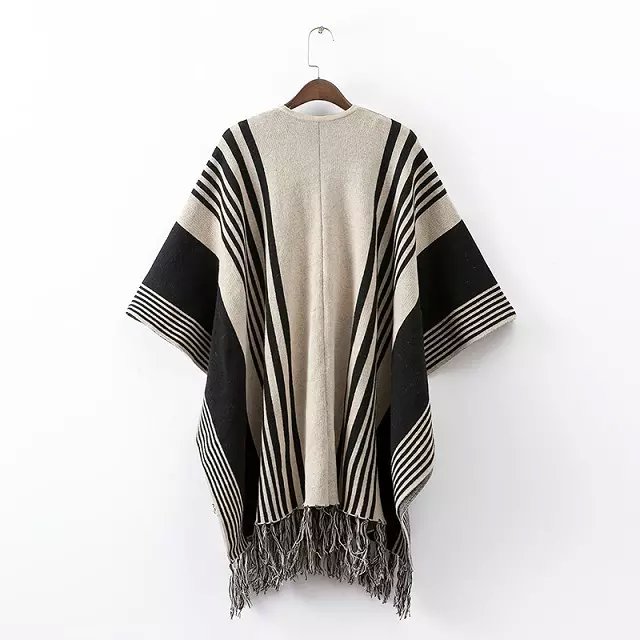 Cardigan Sweater for Women Fashion vintage Striped Pattern Tassels Knitted Batwing Sleeve Casual long Cloak Warm winter