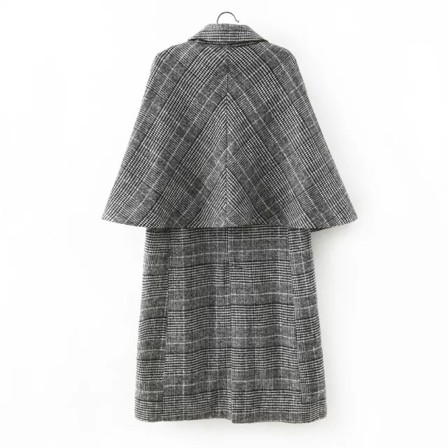 European Fashion Women Vintage Winter Gray plaid woolen Coat turn-down collar button Half sleeve Casual brand Cloak Female