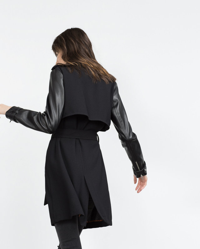 Fashion Autumn elegant Zipper Faux Leather Sleeve trench coat for women long coats Casual brand windbreaker female