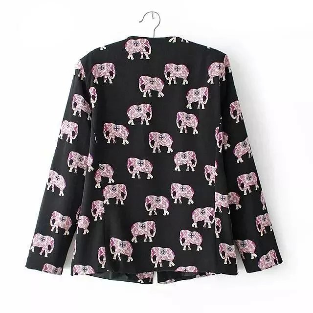 Fashion black elephant print Blazers for women long sleeve pocket suit basic jackets Brand feminino work wear female