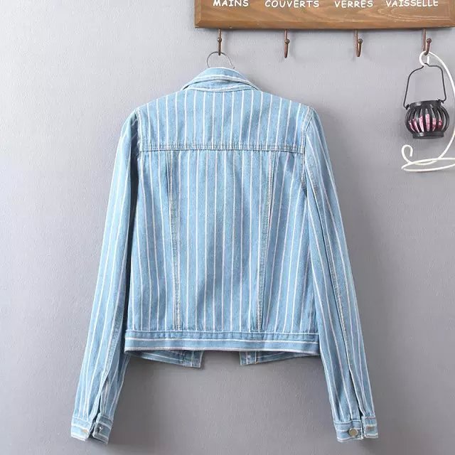 Fashion European Style Blue Denim vintage striped print turn-down collar Jacket for Women Pocket Casual brand Outwear