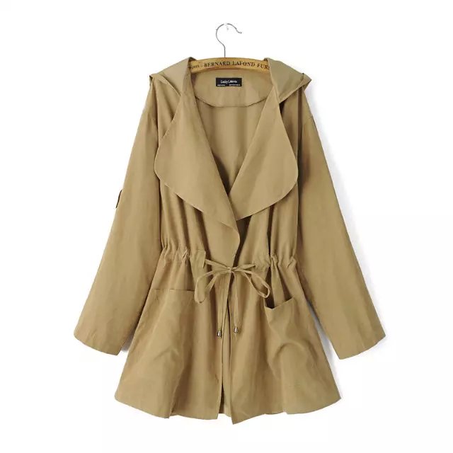 Fashion Korean style elegant windbreaker hooded belt pocket trench coat for women long sleeve Casual brand female