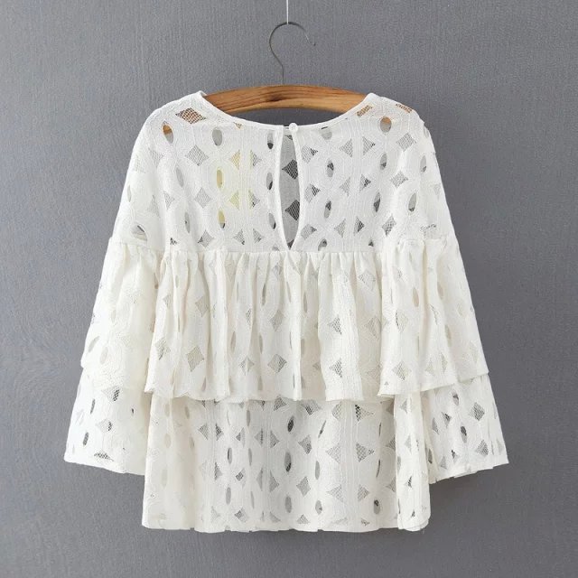 Fashion New women elegant white Lace Hollow Out short Blouse casual Ruffle Circle shirts O-neck sleeve brand tops