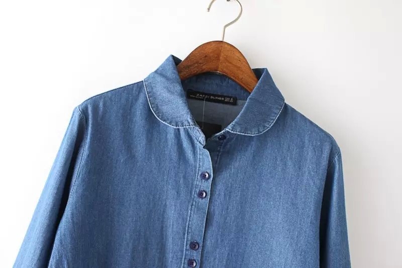 Fashion Office Lady blue Denim shirts blouses For Women long sleeve Turn-down collar button casual female jeans tops