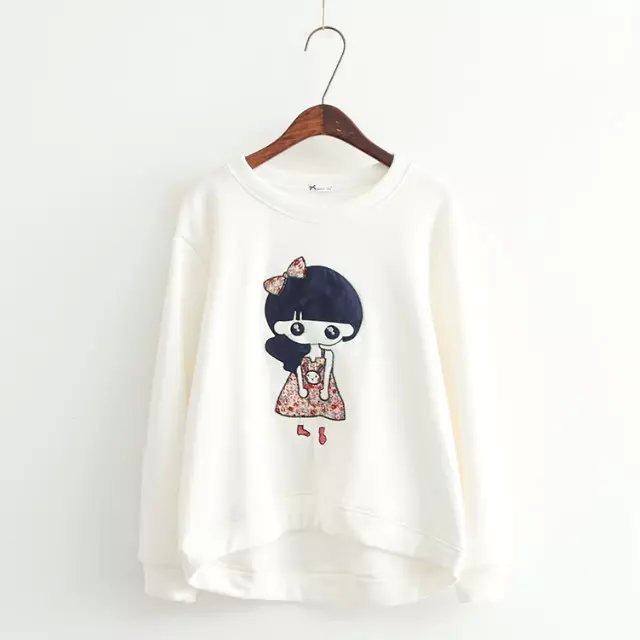Fashion winter thick white Cartoon Embroidery pullover for women Casual O-neck hoodies long Sleeve sweatshirts brand Tops