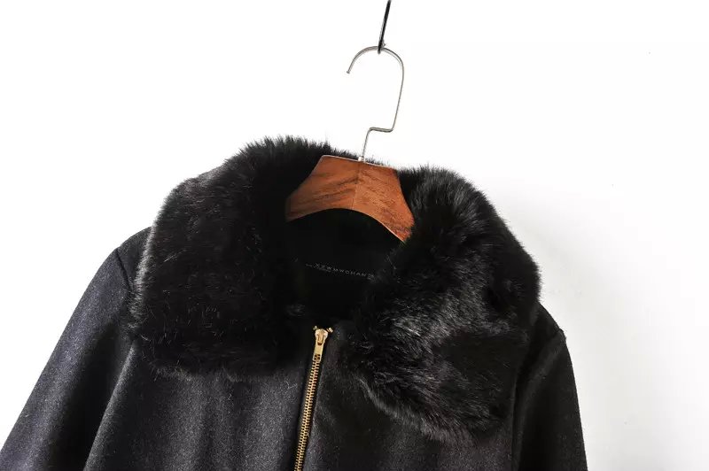 Fashion Winter Women Black Coats Woolen Zipper pocket Fur Turn-down collar Three Quarter sleeve Thick Warm brand female