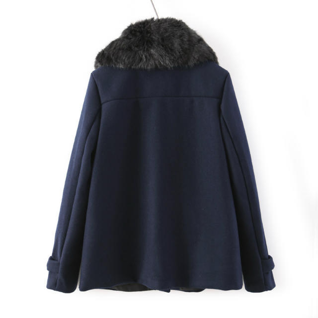 Fashion Winter Women Blue pocket Coats Woolen button Fur turn-down collar Long Sleeve Brand Thick Warm Outwear For Female