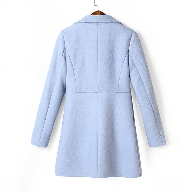 Fashion Winter Women blue Pockets woolen Female overcoat Long Sleeve Button turn-down Collar Brand Femininos