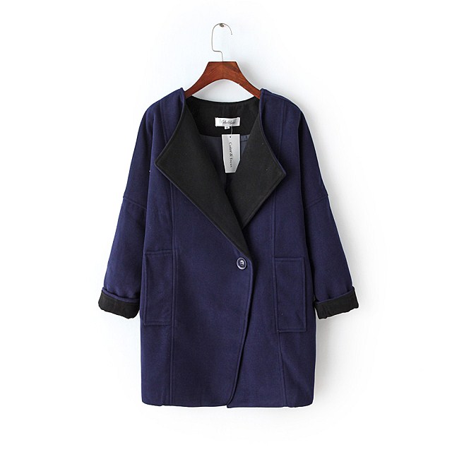 Fashion winter women elegant Blue pockets button coats batwing sleeve turn-down collar Woolen outwear casual Loose brand