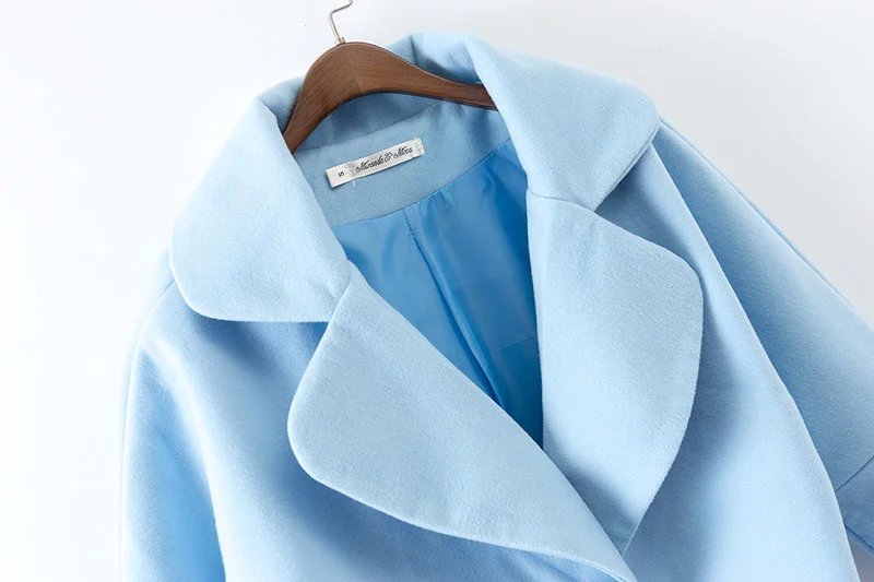 Fashion Winter Women Female overcoat Blue Double Breasted Woolen Long Sleeve turn-down collar Brand Femininos