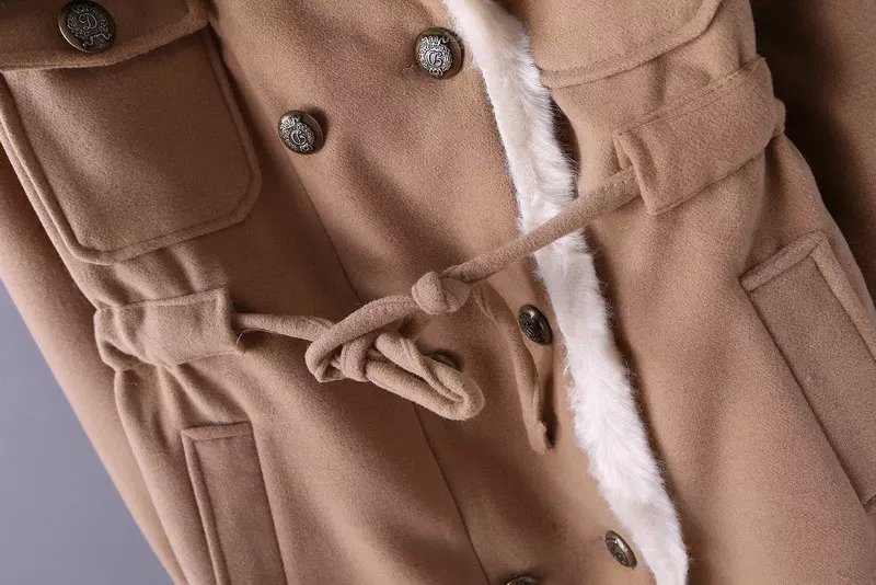 Fashion Winter Women khaki Drawstring pocket Coats Woolen button Fur turn-down collar Long Sleeve Brand Thick Warm Outwear