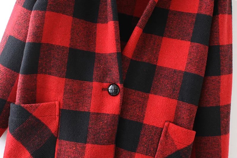 Fashion winter women Red Plaid print pockets button coats long sleeve Woolen turn-down collar outwear casual Loose brand