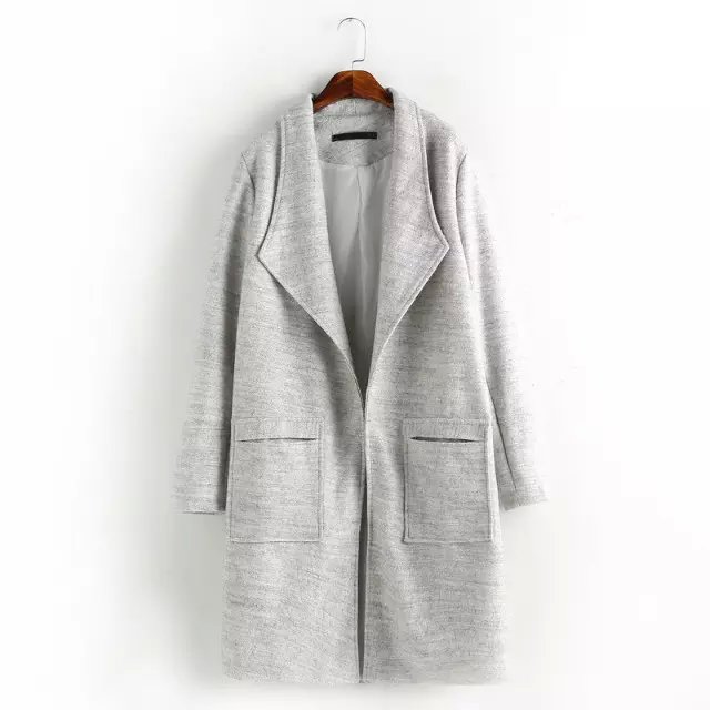 Fashion winter women work wear elegant Gray pockets coats long sleeve Woolen outwear casual Loose brand coats