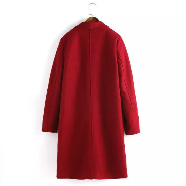 Fashion winter women work wear elegant Red pockets coats long sleeve Woolen outwear casual Loose brand coats