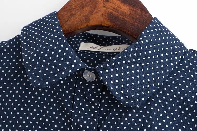 Fashion Women Blue cotton dot print Blouses Turn-down collar Long Sleeve Shirts Casual brand High Street casual brand Tops