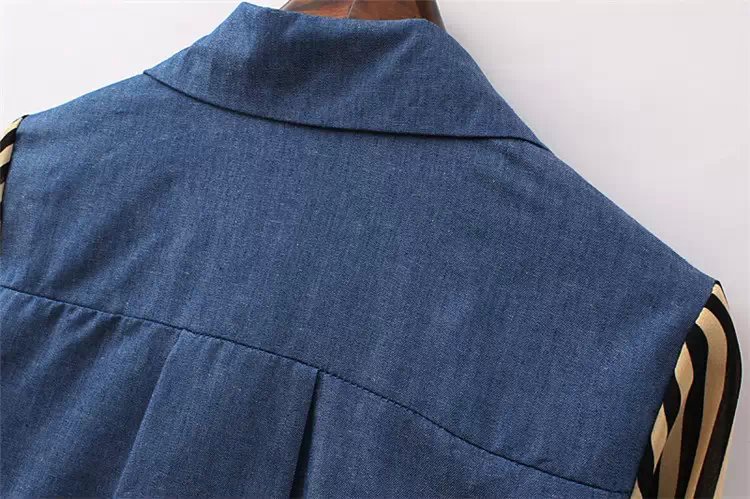 Fashion Women blue Denim Patchwork striped print blouses long sleeve turn-down collar button Office Lady shirt Brand female