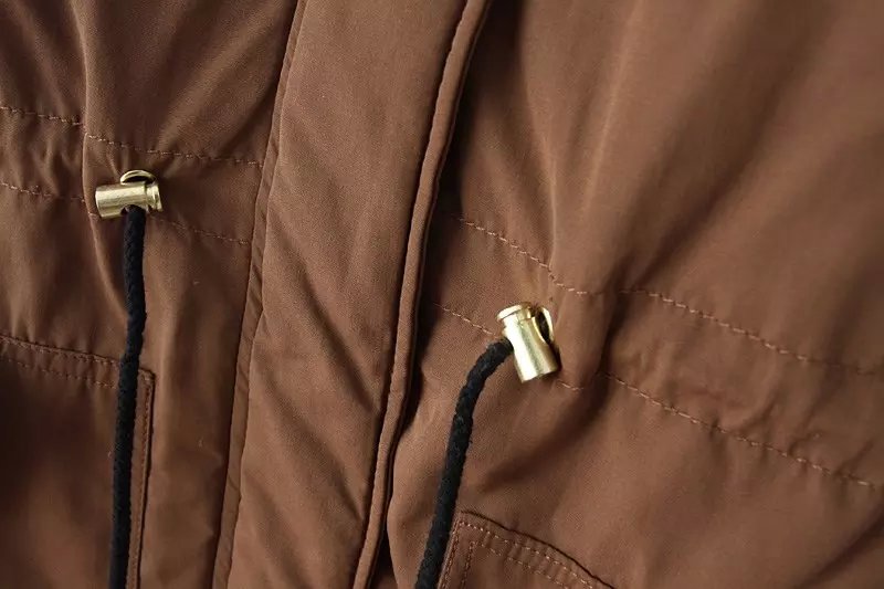 Fashion Women Brown Cotton Hooded Zipper Pocket drawstring Parka for women PU patchwork Sleeve winter thick warm Coat