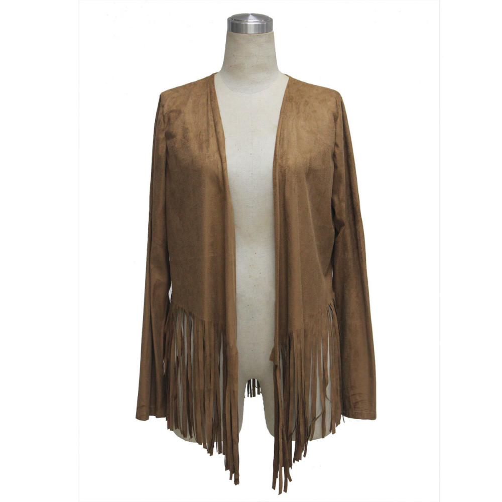 Fashion women Brown Faux Suede Leather Tassel Jacket Long sleeve Cardigan casual brand female plus size
