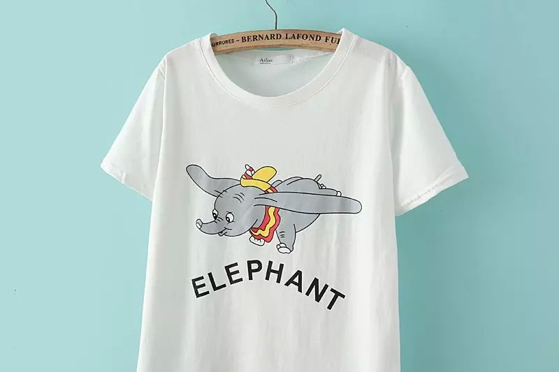Fashion Women cute Elephant print O-neck Short Sleeve gray cotton long T-Shirts Casual Brand Tops
