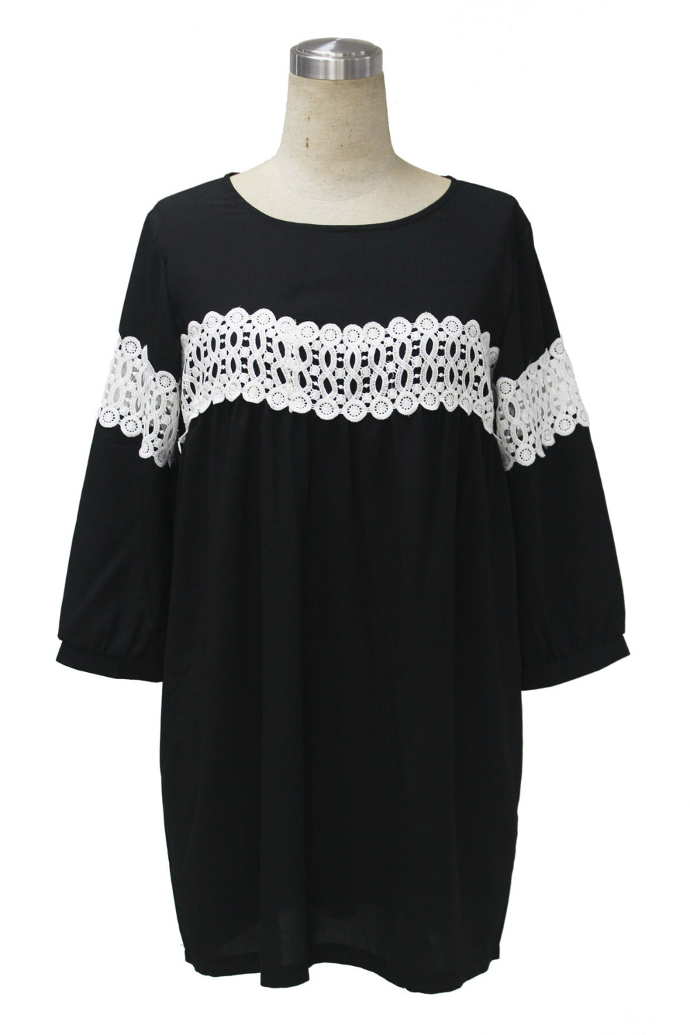 Fashion Women Elegant black Lace patchwork hollow out mini Straight Dress Three Quarter Sleeve Plus size casual brand