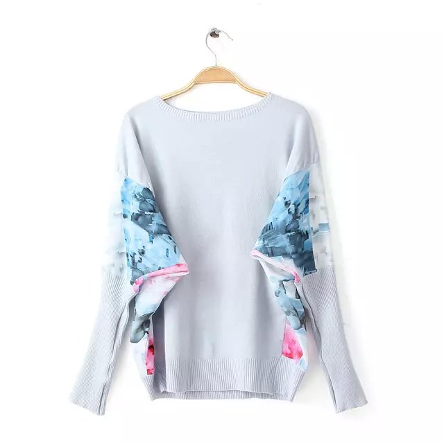 Fashion women elegant blue floral print Knitted patchwork pullover knitwear Casual fit O-neck batwing Sleeve sweaters Tops
