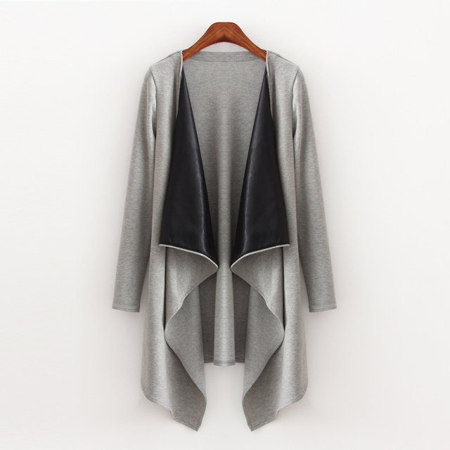 Fashion Women Elegant Collar Patchwork Faux Leather Gray Knitted Cardigan long Sleeve Coats Casual Loose Outwear Sweaters