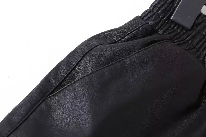 Fashion women elegant Faux leather black shorts elastic waist pockets causal brand shorts