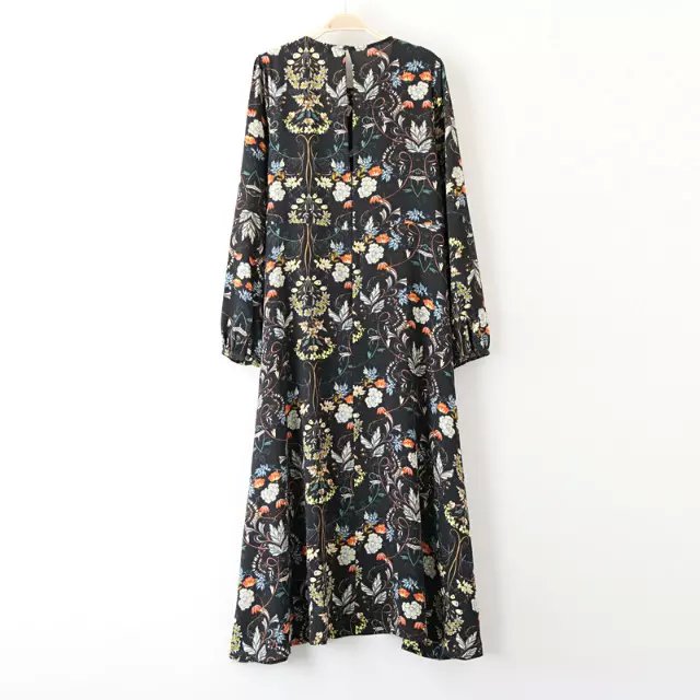 Fashion women Elegant vintage floral print back hollow out button Mid-calf pleated Dress Spring puff sleeve casual brand