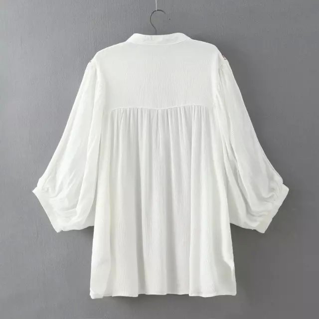 Fashion women Elegant white Geometric Embroidery blouses three quarter sleeve Drawstring V-neck shirts casual female