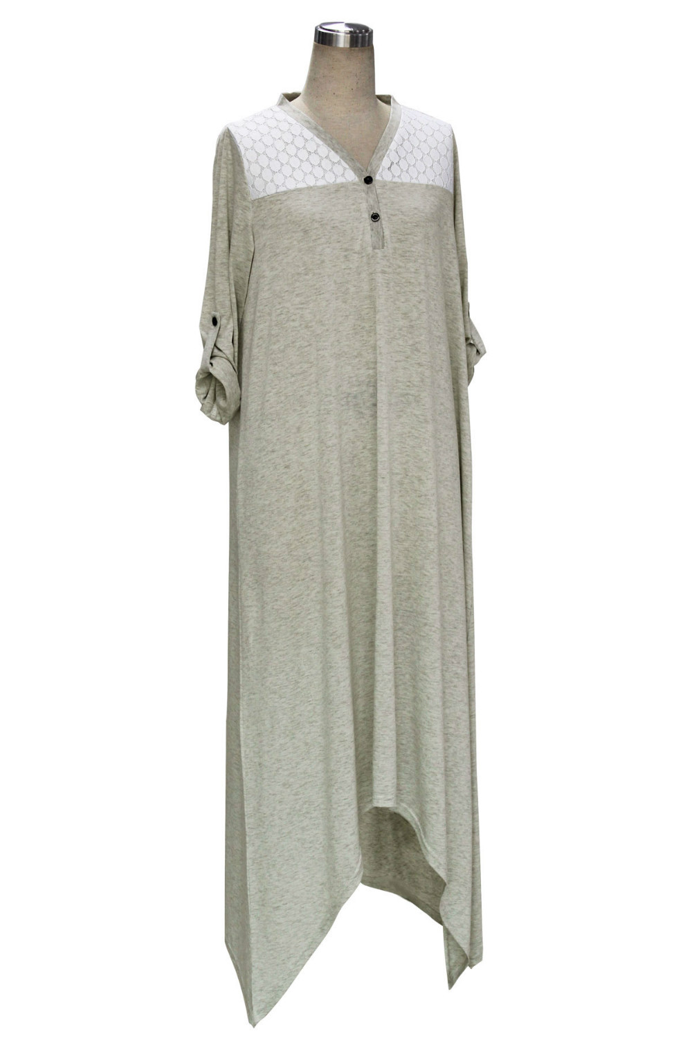 Fashion women gray lace patchwork Ankle-length Asymmetrical Dress button V-neck long sleeve plus size brand design