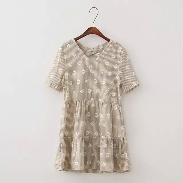 Fashion Women Korean style striped floral print mini pleated Dress back Cross hollow out V- neck Short sleeve casual brand