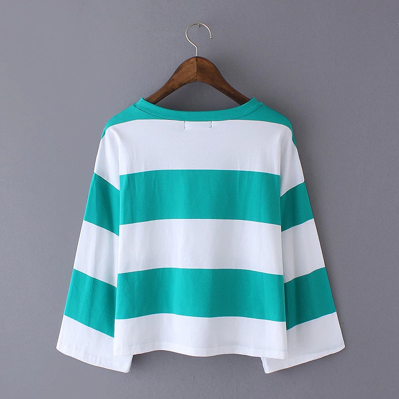 Fashion Women korean style striped print Flare sleeve O-neck short T-shirts loose Casual brand tops