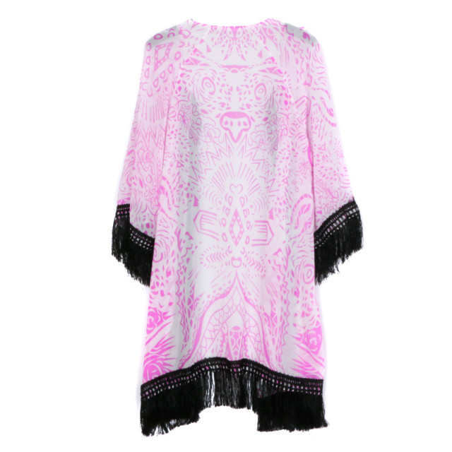 Fashion Women Pink Floral print Tassel Long Kimono outwear Three quarter sleeve vintage casual cardigan brand plus size