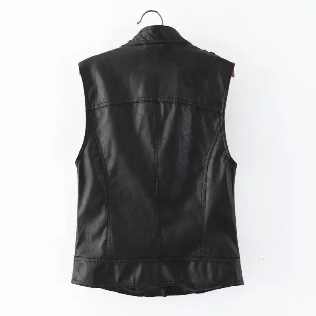Fashion Women Punk style black faux leather Sleeveless zipper pocket Vest jacket stand collar Casual jaqueta feminina