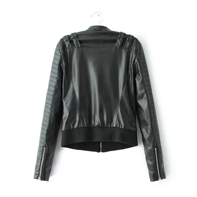 Fashion Women Rock style faux leather black stand collar zipper pocket jacket coat casual brand fit for female plus size