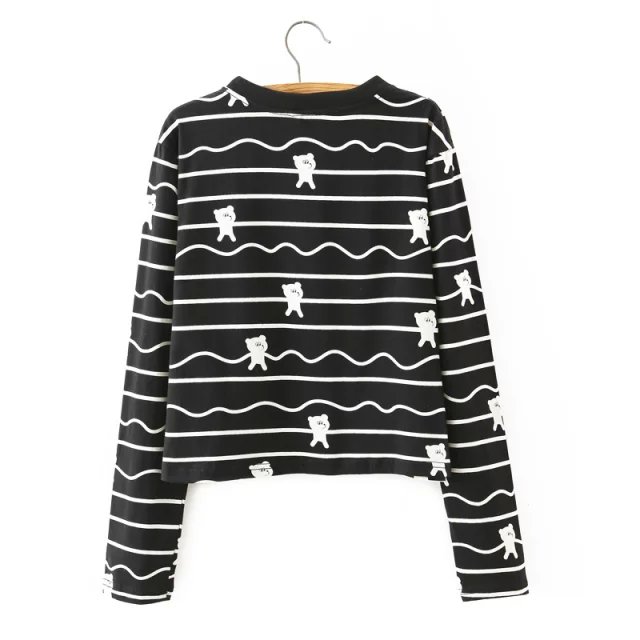 Fashion women spring cute black striped Wave bear print T-shirt O-neck long sleeve shirts casual fit brand tops