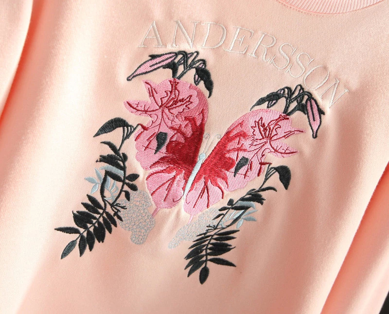 Fashion women sweatershirt elegant pink butterfly Letter Embroidery sports pullover Casual long Sleeve hoodies brand