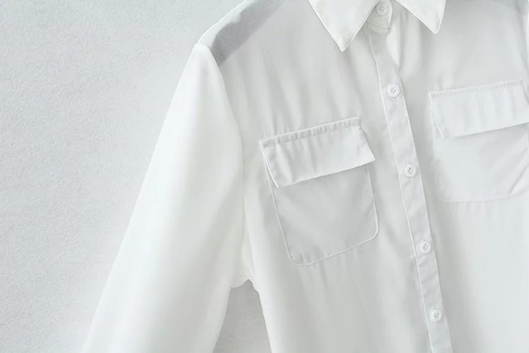 Fashion Women White Chiffon Blouses Turn down collar long Sleeve Pocket shirts Casual loose brand Tops